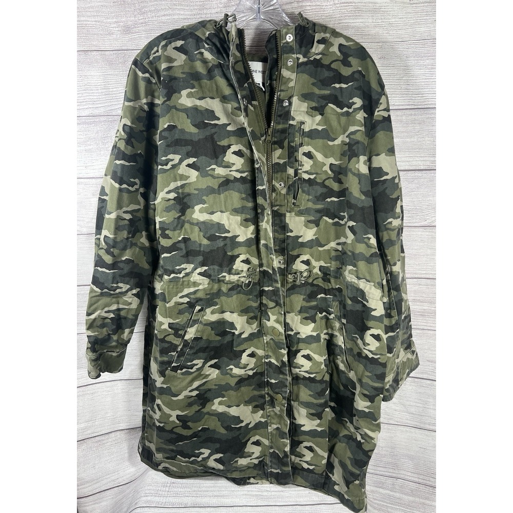 Nine West Camouflage Hooded Jacket With Pockets Adjustable Waist Chincers Sz XL